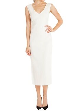 FWN V-Neck Long Jersey Rib Dress 100% Cotton Size Small in Ivory